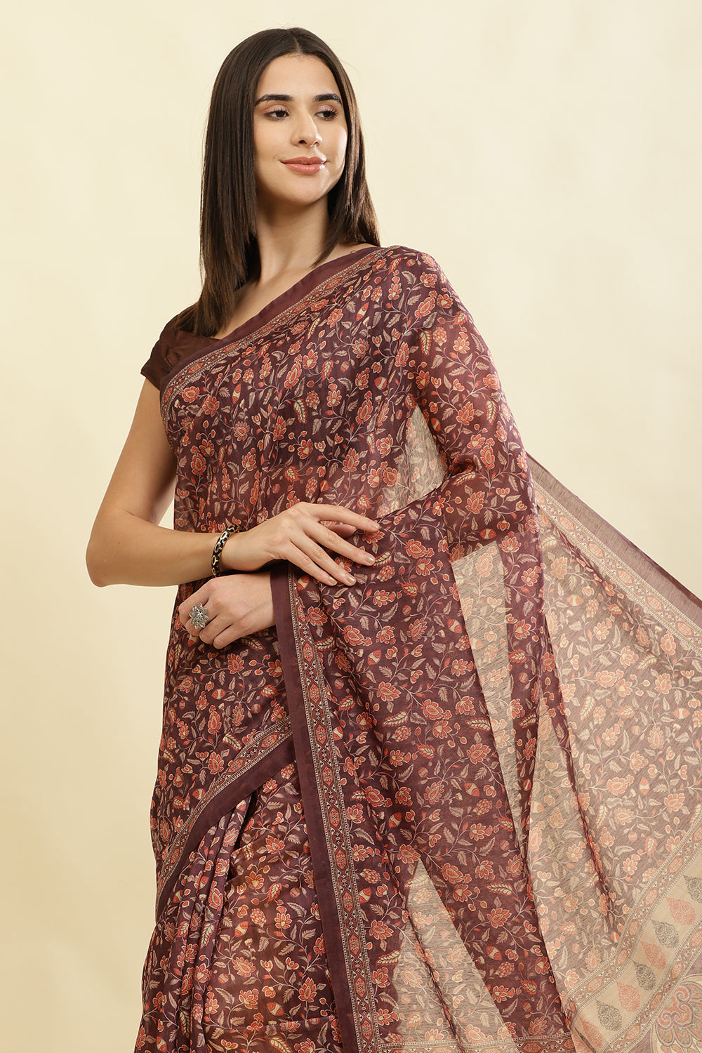 Wine Floral Printed Cotton Silk Saree