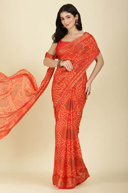 Orange Color Chiffon Bandhani Printed Saree
