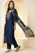 Wine Color Silk Suit Set With Neck Embroidered