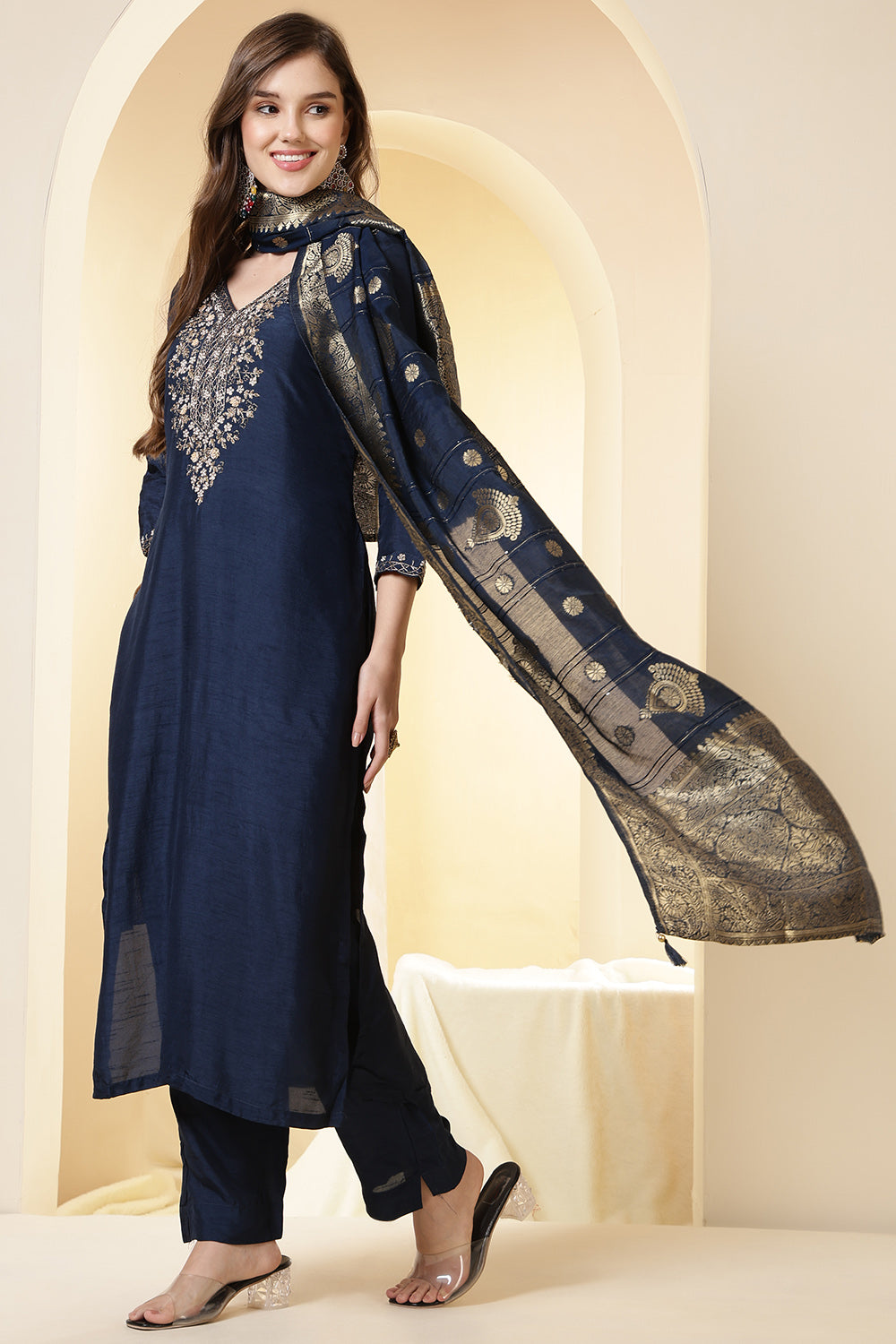 Wine Color Silk Suit Set With Neck Embroidered