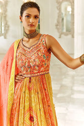 Orange & Mustard  Color Crepe Embroidered Suit With Palazzo