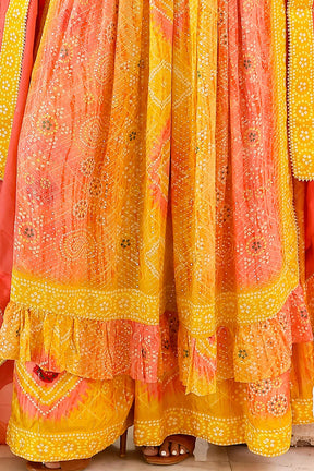 Orange & Mustard  Color Crepe Embroidered Suit With Palazzo