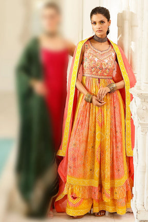 Orange & Mustard  Color Crepe Embroidered Suit With Palazzo