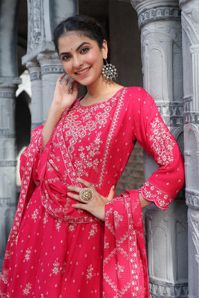 Fuchsia Pink Color Cotton Embroidered Anarkali Suit