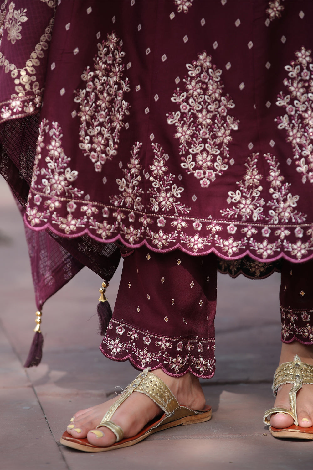 Dark Scarlet Colour Cotton Embroidered Anarkali Suit
