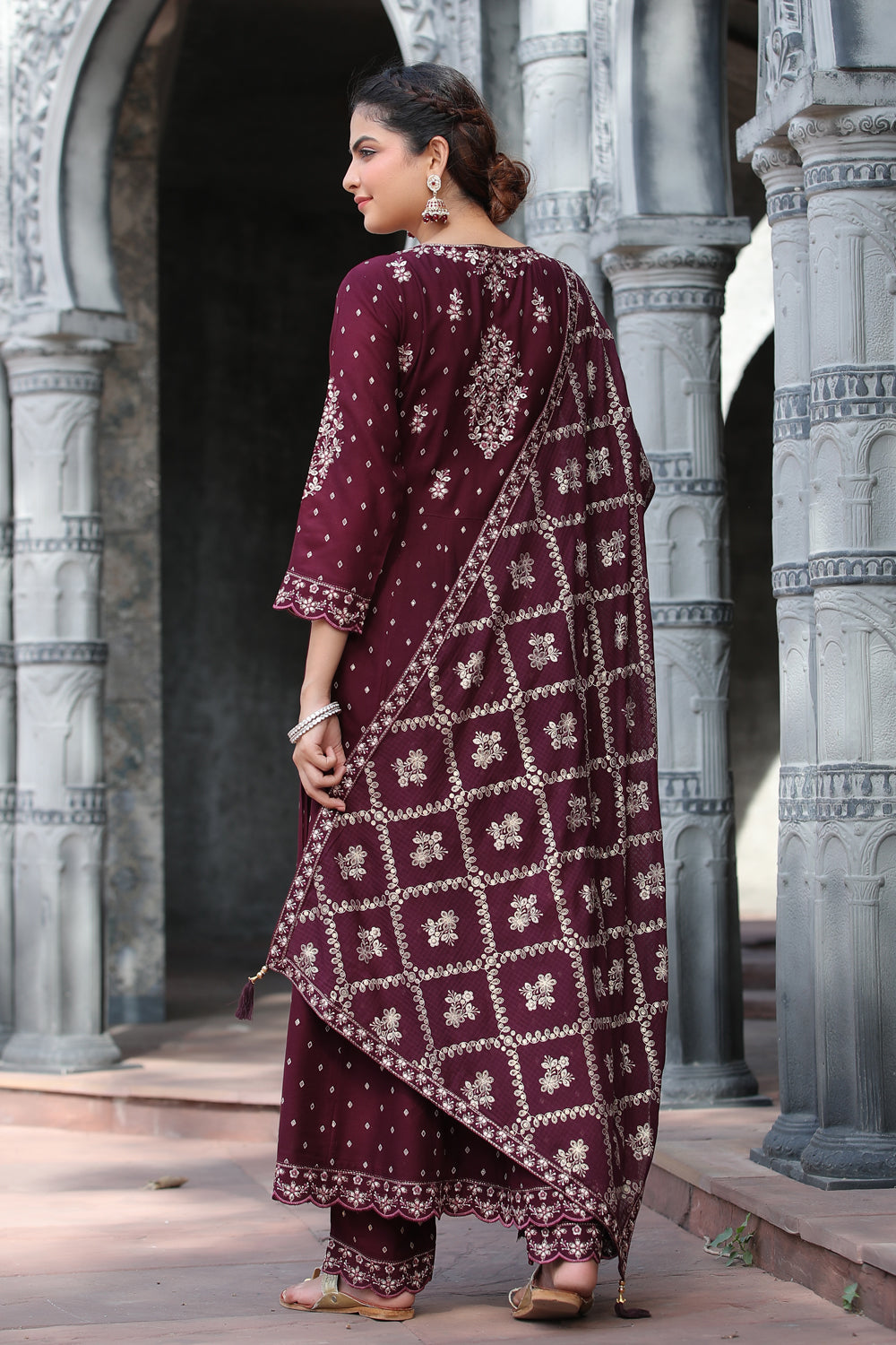 Dark Scarlet Colour Cotton Embroidered Anarkali Suit