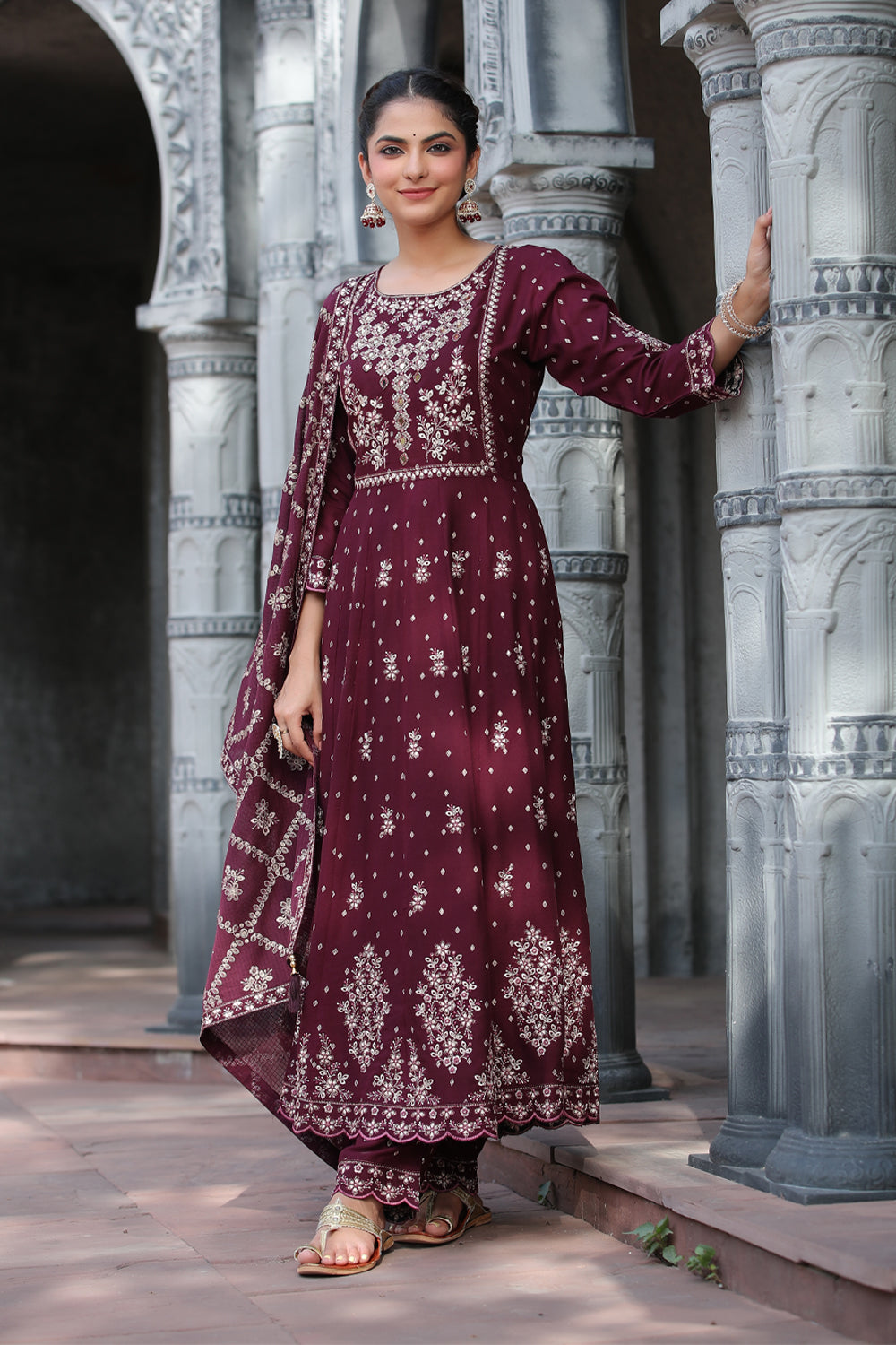Dark Scarlet Colour Cotton Embroidered Anarkali Suit