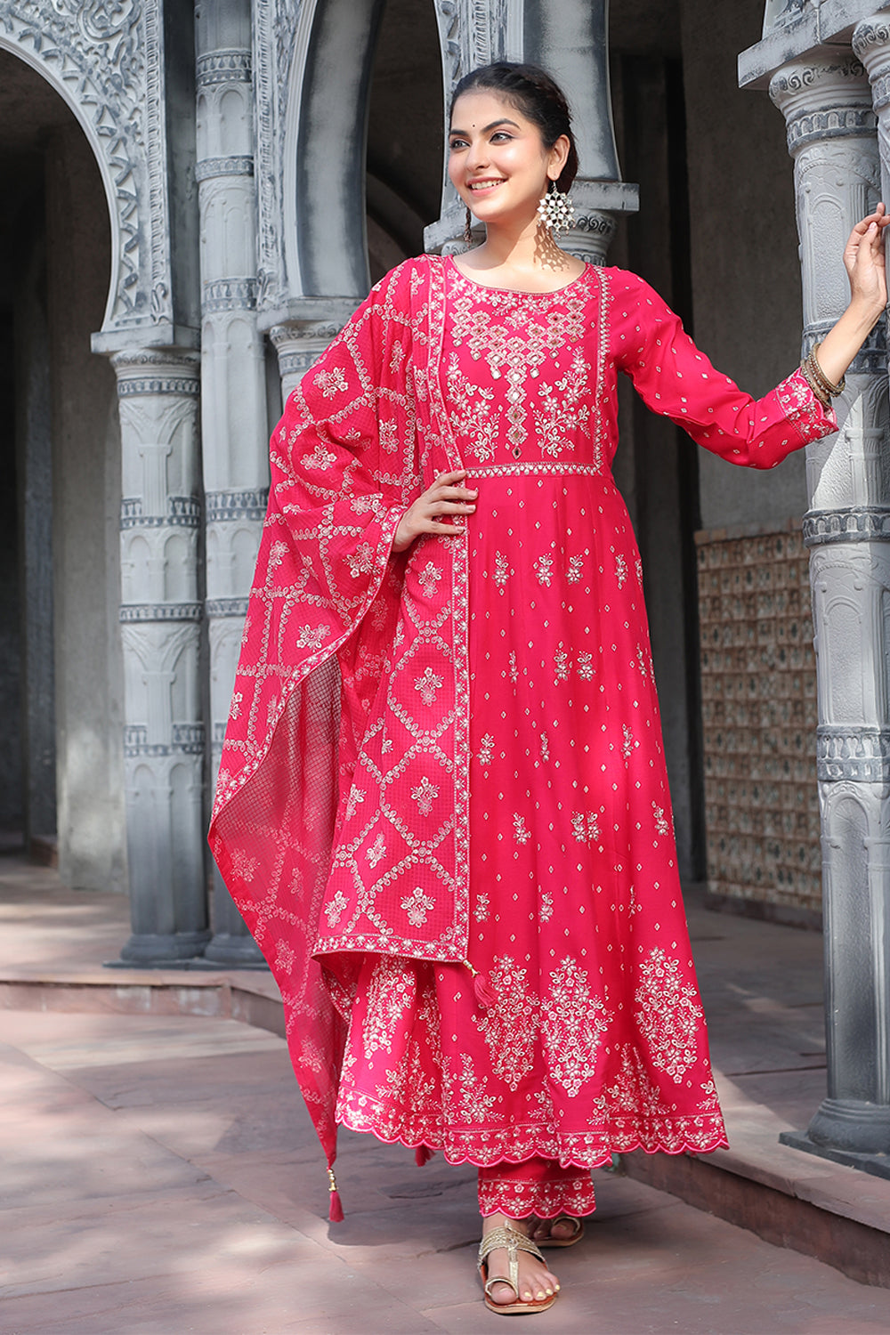 Fuchsia Pink Color Cotton Embroidered Anarkali Suit