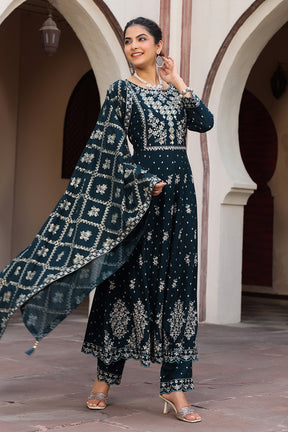 Blue Color Cotton Embroidered Anarkali Suit