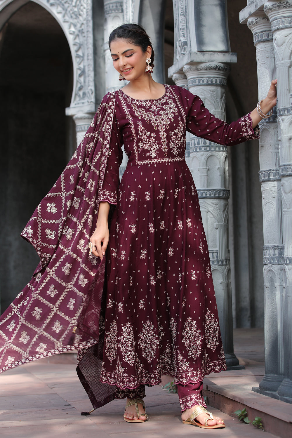 Dark Scarlet Colour Cotton Embroidered Anarkali Suit