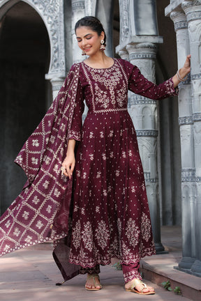 Dark Scarlet Colour Cotton Embroidered Anarkali Suit