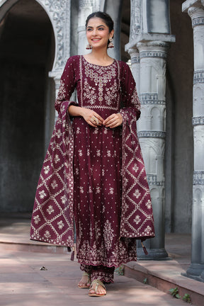 Dark Scarlet Colour Cotton Embroidered Anarkali Suit