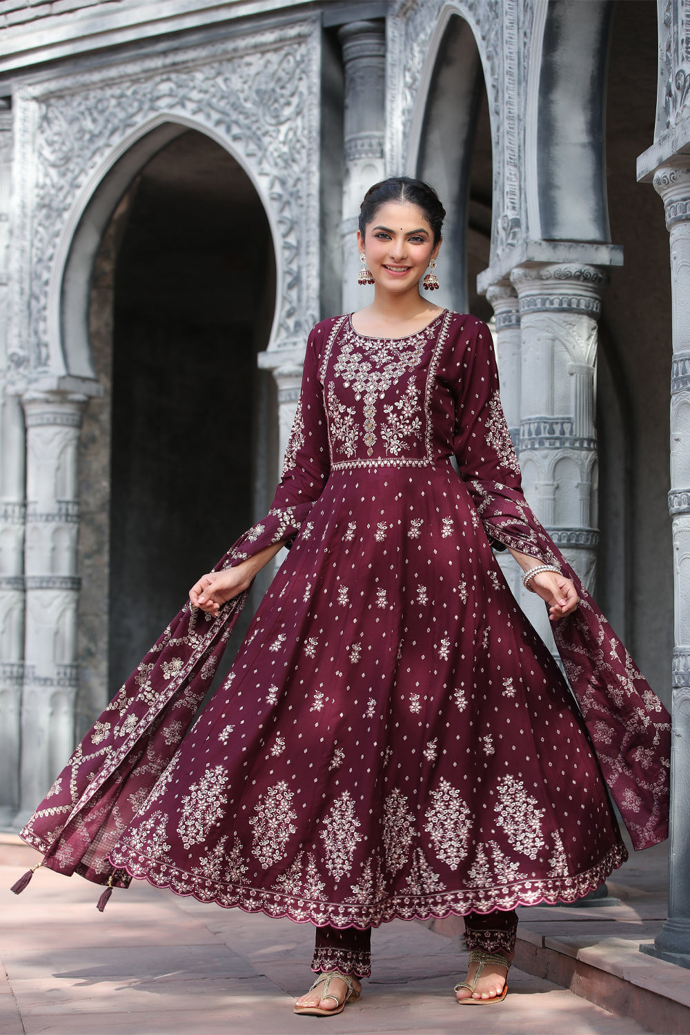Dark Scarlet Colour Cotton Embroidered Anarkali Suit