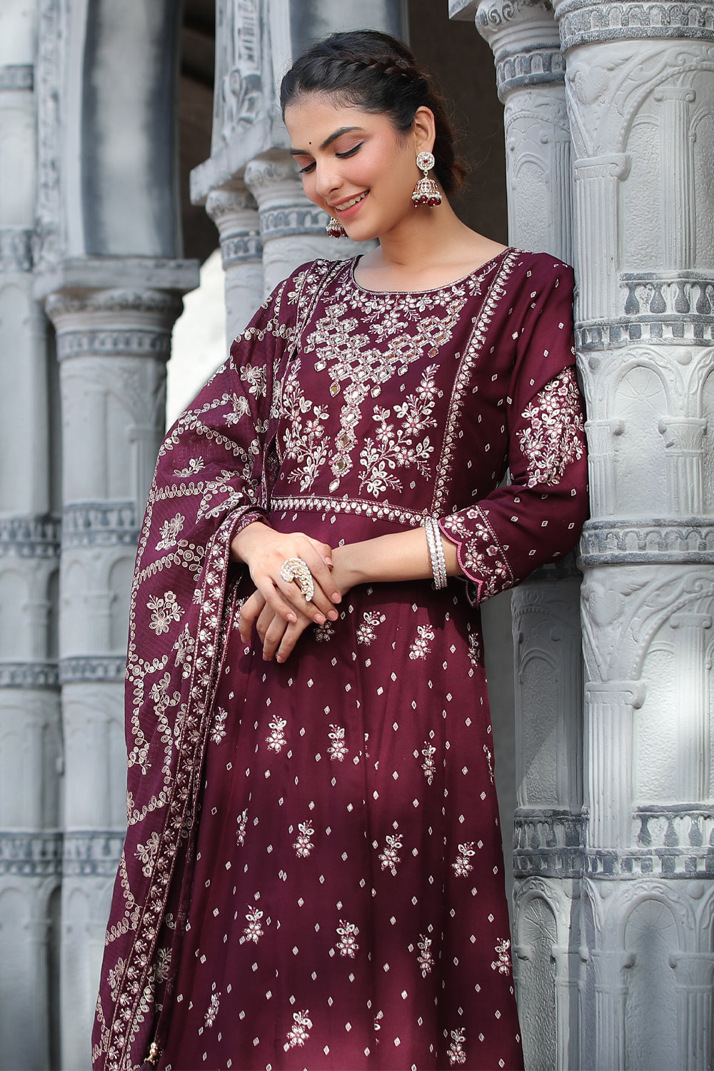 Dark Scarlet Colour Cotton Embroidered Anarkali Suit