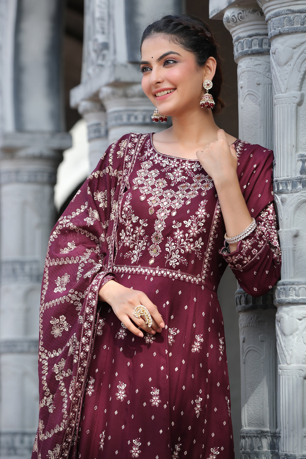 Dark Scarlet Colour Cotton Embroidered Anarkali Suit