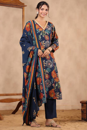 Navy Blue Color Muslin Printed Straight Suit