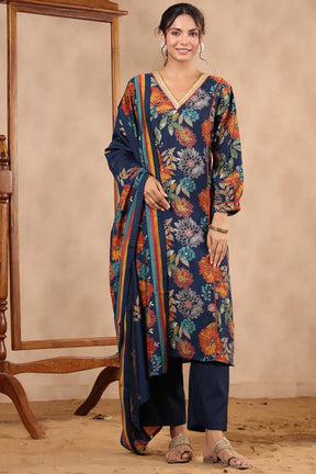 Navy Blue Color Muslin Printed Straight Suit