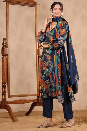 Navy Blue Color Muslin Printed Straight Suit