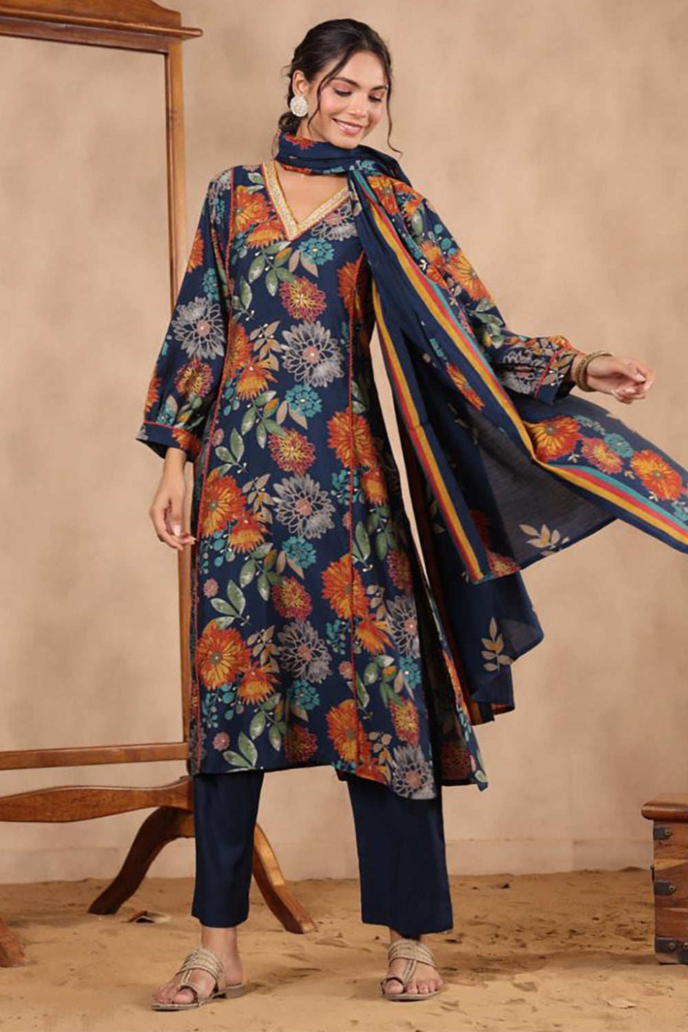 Navy Blue Color Muslin Printed Straight Suit