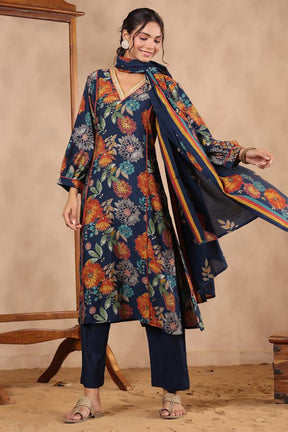 Navy Blue Color Muslin Printed Straight Suit