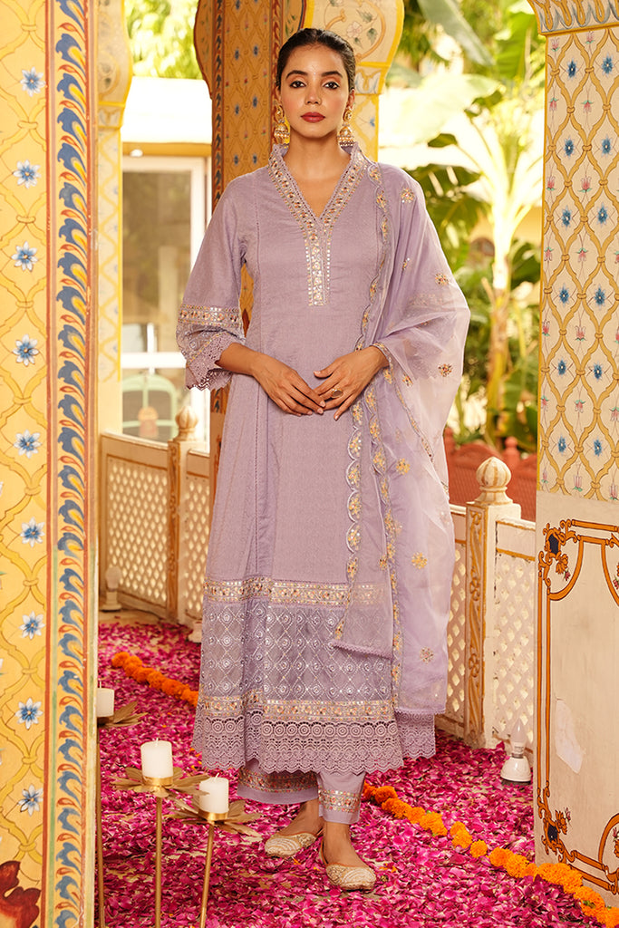 Lavender Color Cotton Embroidered Anarkali Suit