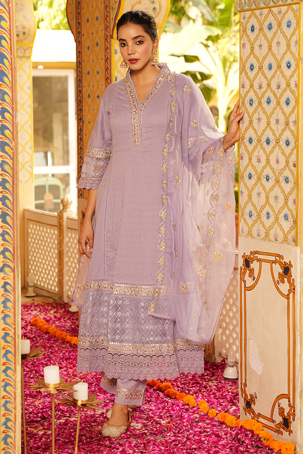 Lavender Color Cotton Embroidered Anarkali Suit