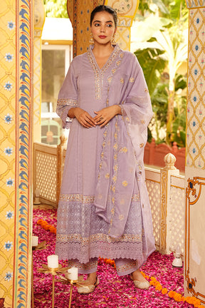 Lavender Color Cotton Embroidered Anarkali Suit