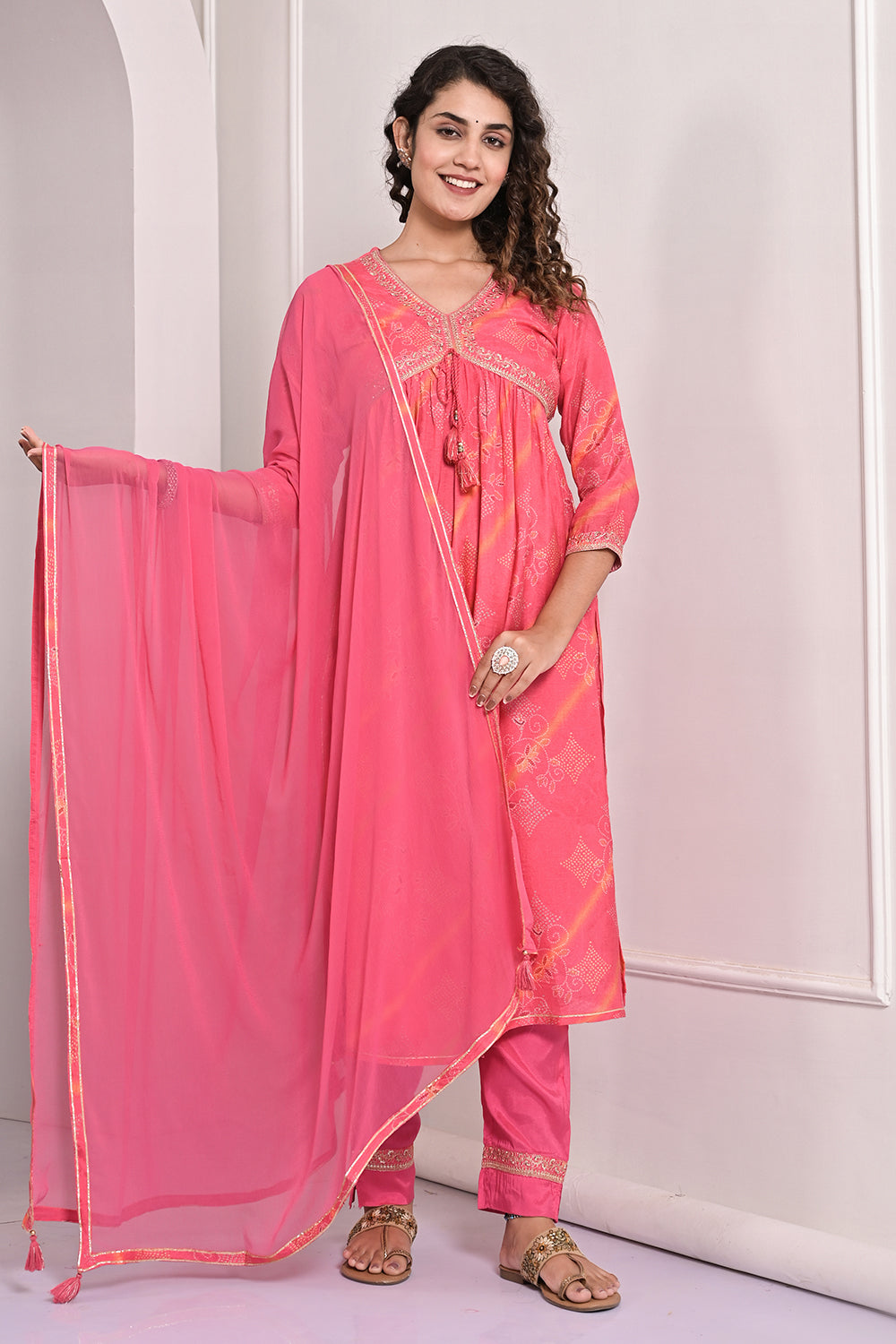 Pink Color Muslin Alia-Cut Printed Straight Suit