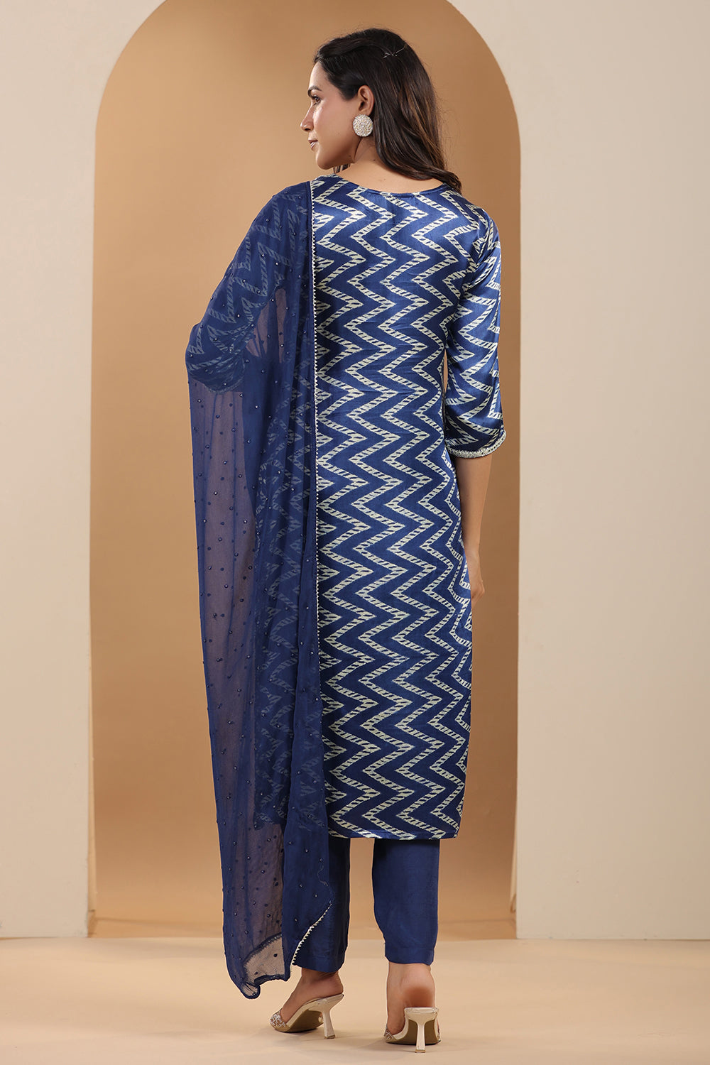 Navy Blue Color Satin Printed Straight Suit