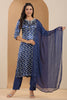 Navy Blue Color Satin Printed Straight Suit