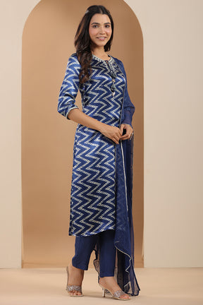Navy Blue Color Satin Printed Straight Suit