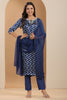 Navy Blue Color Satin Printed Straight Suit