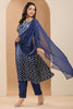 Navy Blue Color Satin Printed Straight Suit