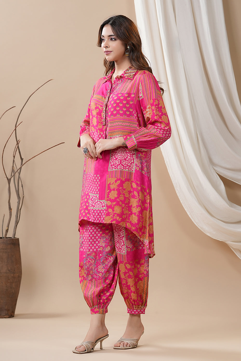 Fuchsia Pink Colour Muslin Printed Co-Ord Set