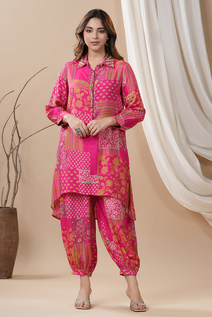 Fuchsia Pink Colour Muslin Printed Co-Ord Set