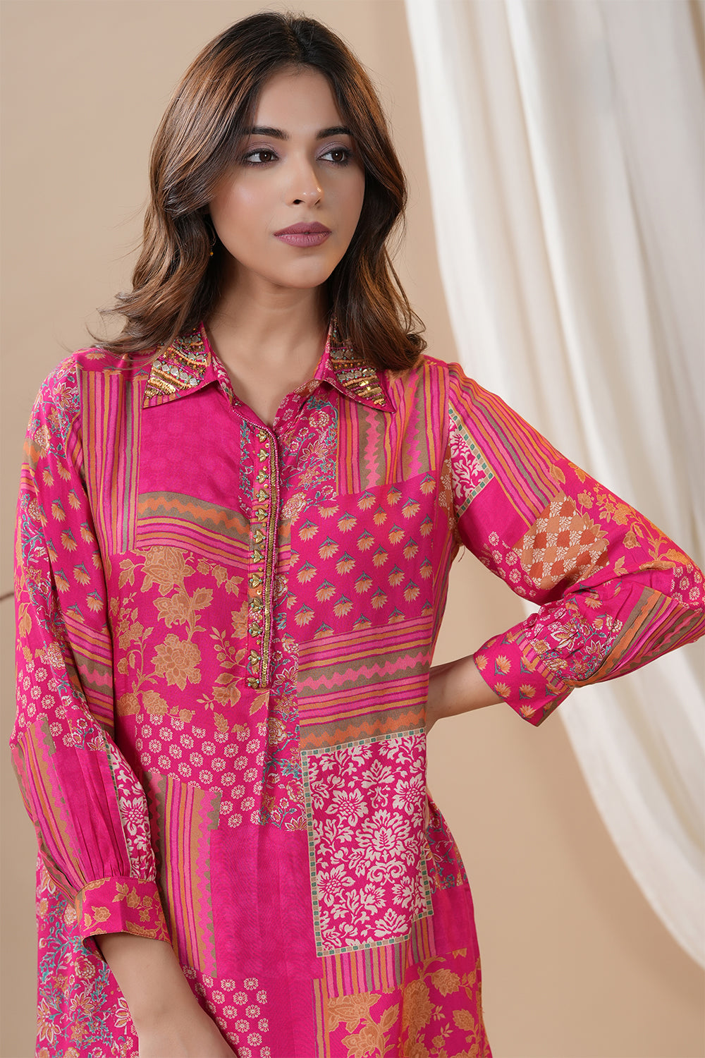 Fuchsia Pink Colour Muslin Printed Co-Ord Set