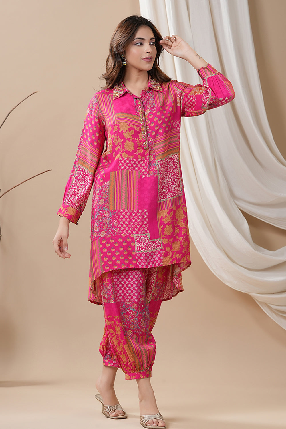 Fuchsia Pink Colour Muslin Printed Co-Ord Set