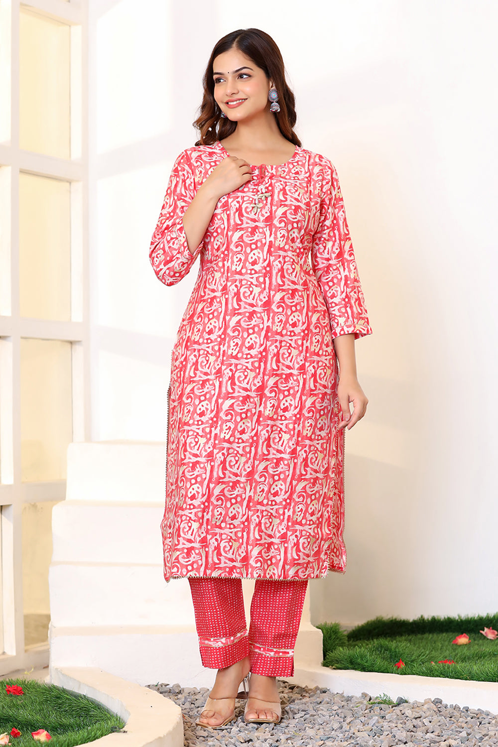Coral Color Printed Muslin Straight Suit