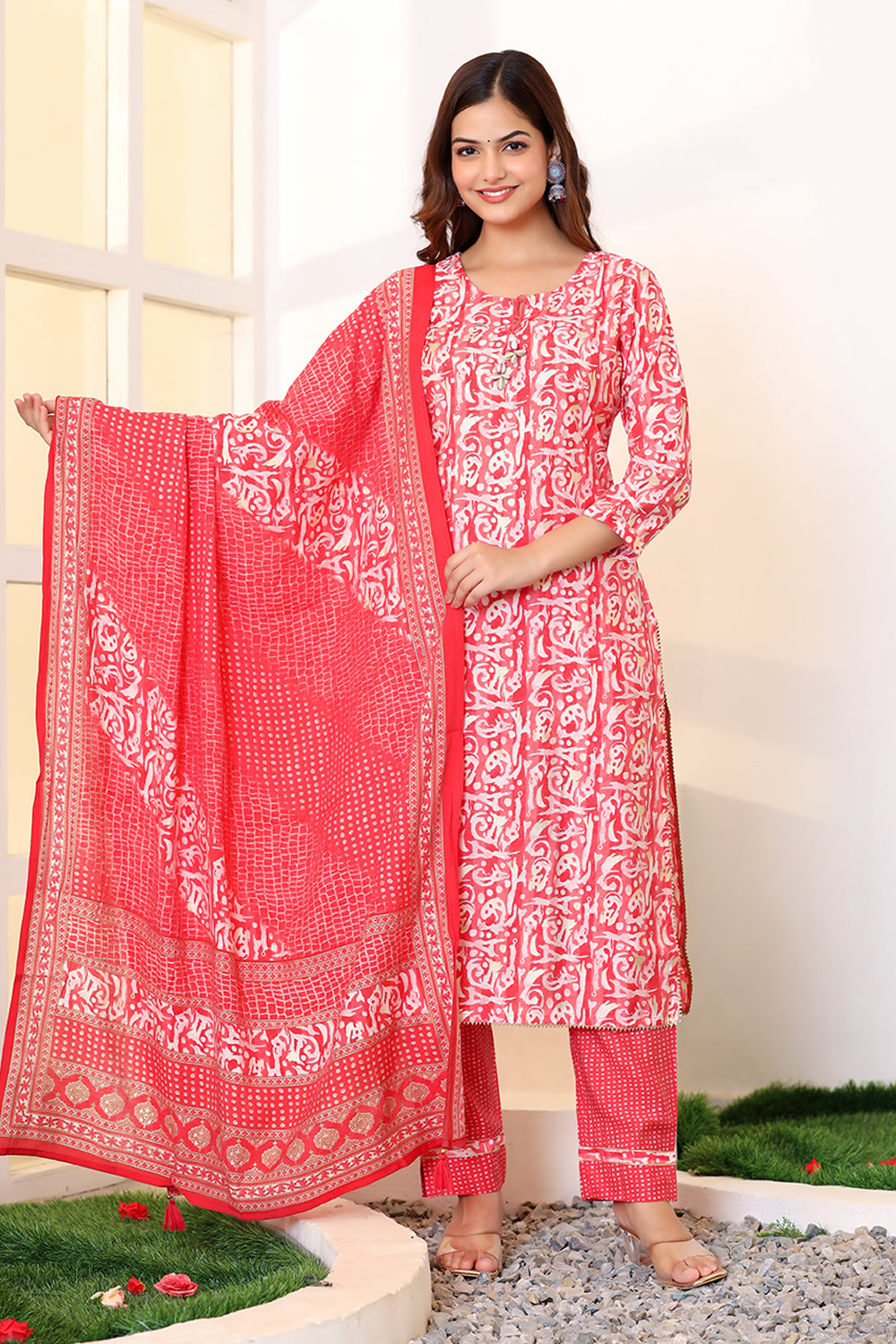 Coral Color Printed Muslin Straight Suit