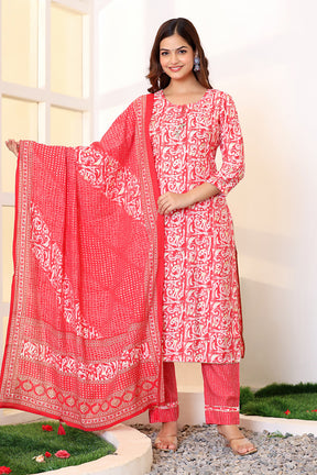 Coral Color Printed Muslin Straight Suit