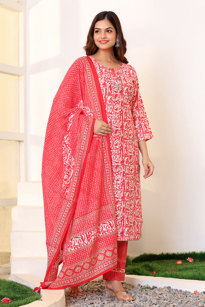 Coral Color Printed Muslin Straight Suit
