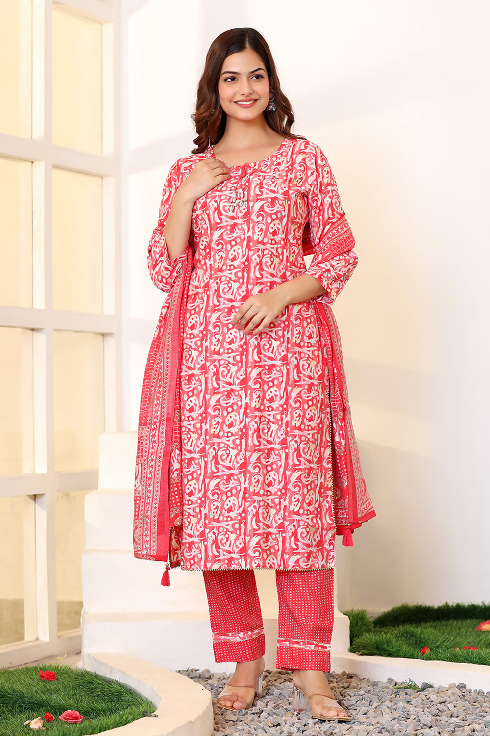 Coral Color Printed Muslin Straight Suit