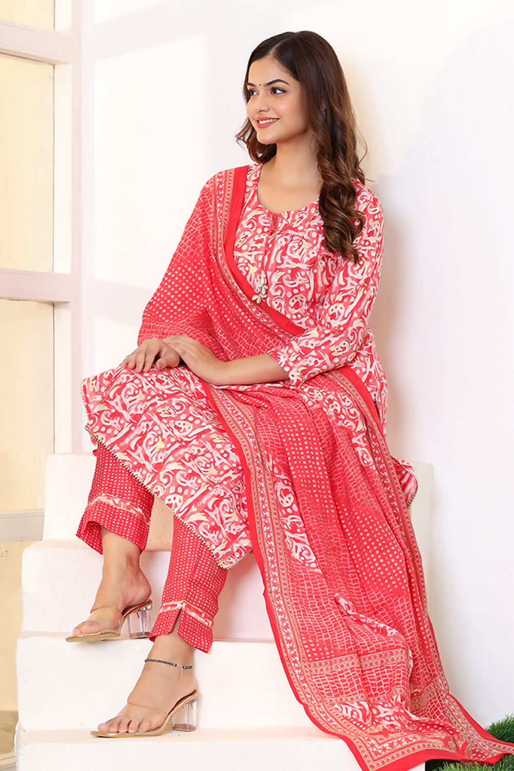 Coral Color Printed Muslin Straight Suit