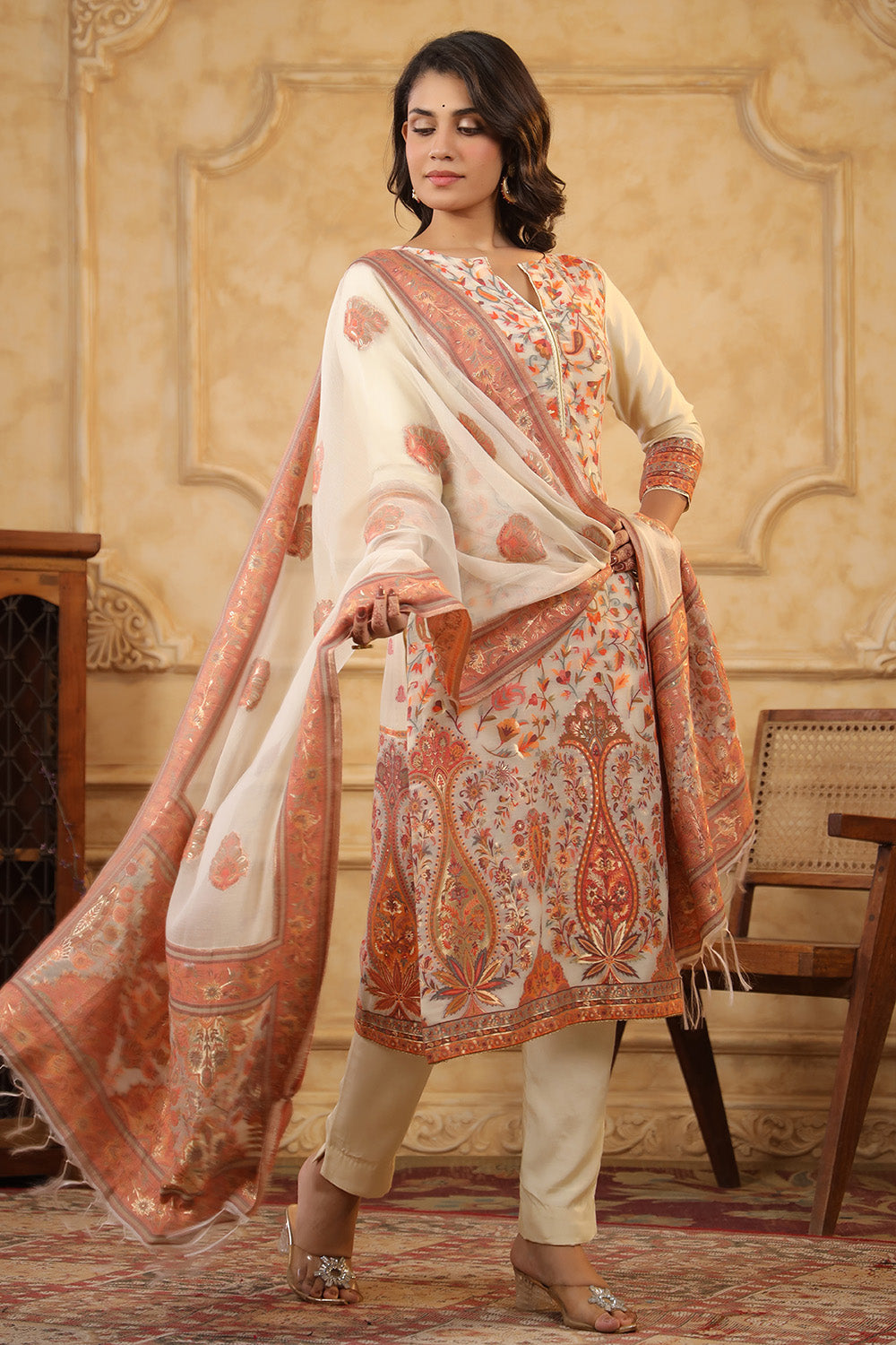 Cream Color Meena-Kaari Woven Chanderi Suit