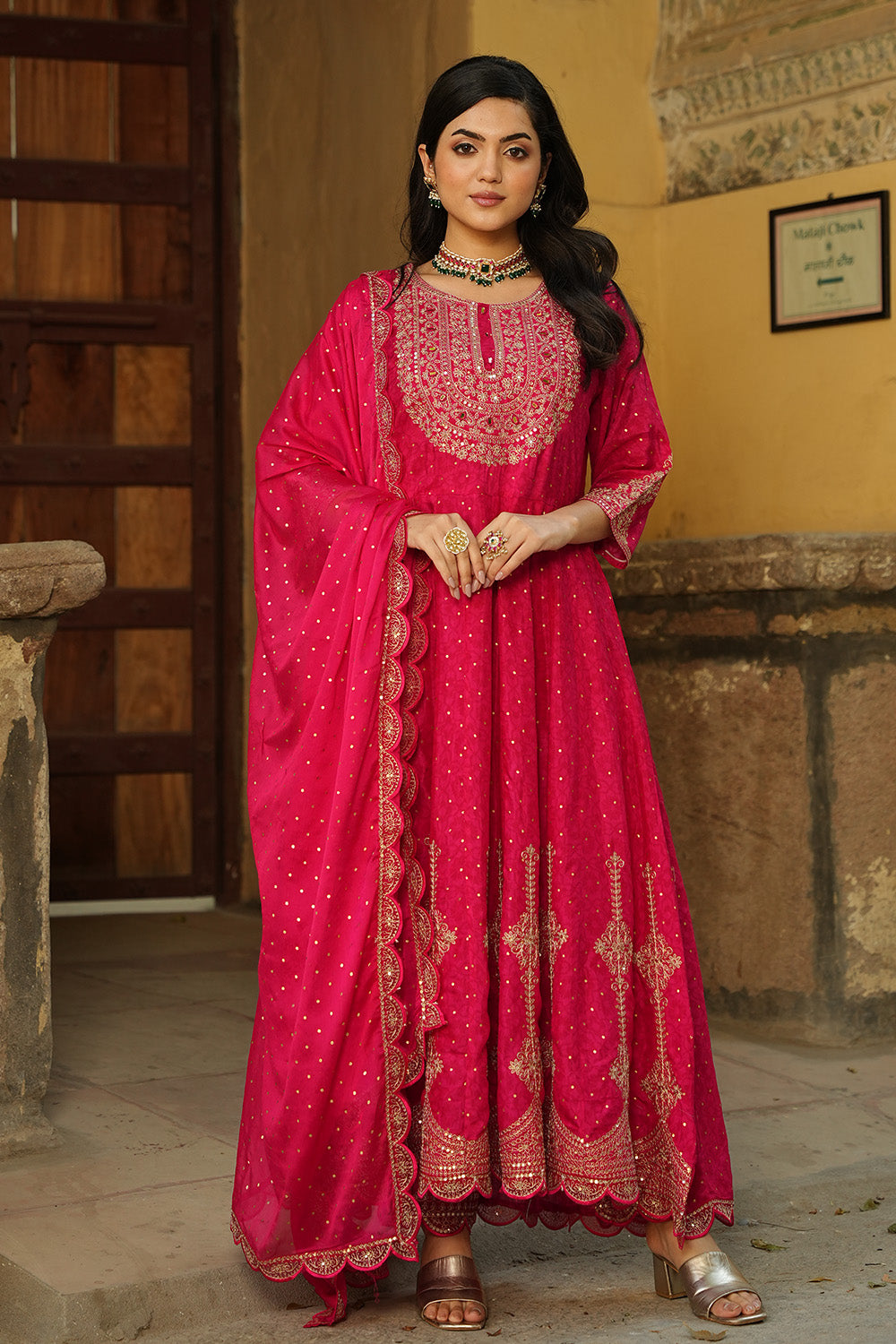 Fuchsia Pink Color Muslin Zari Embroidered Anarkali Suit
