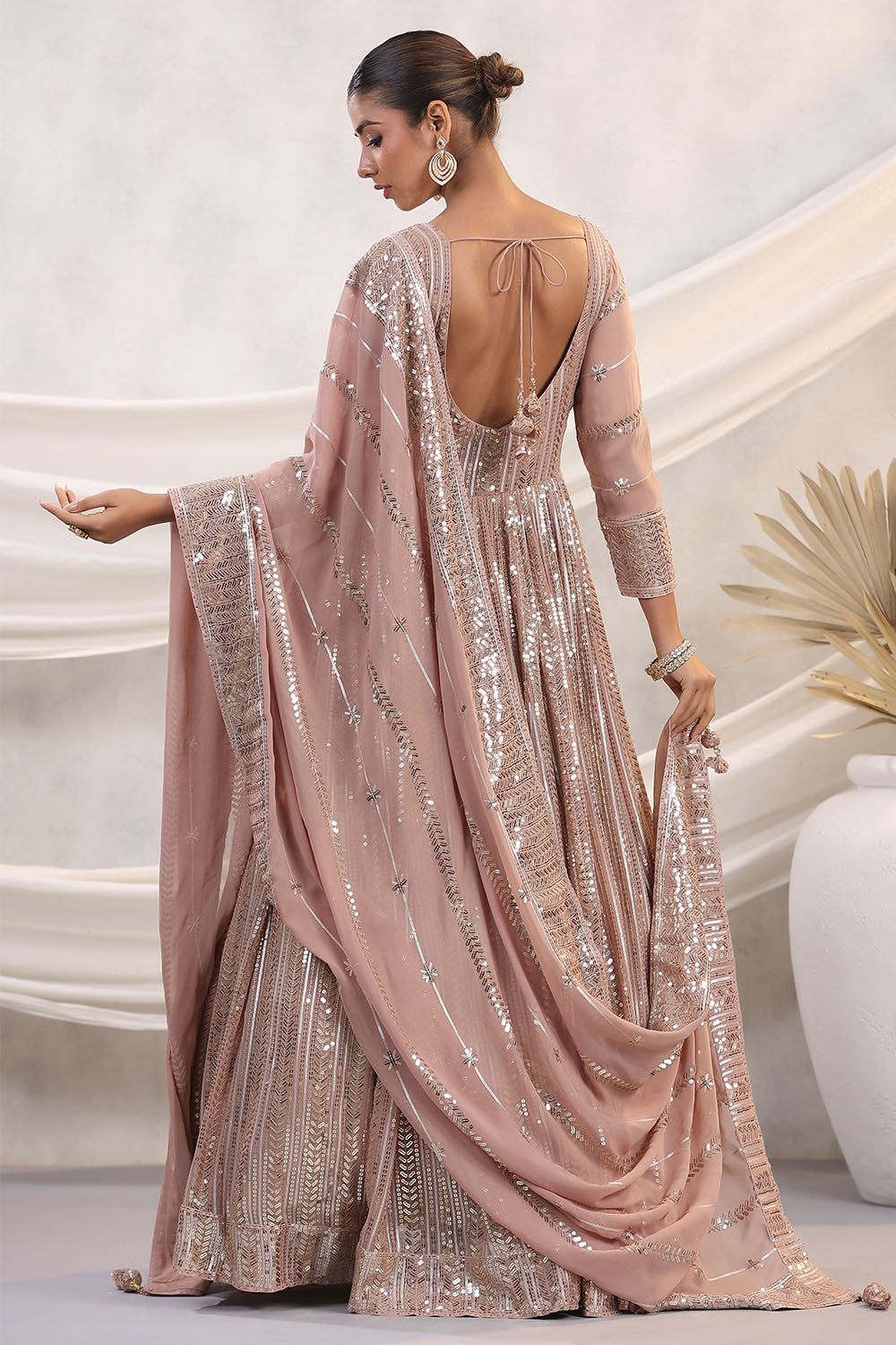 Peach Color Georgette Sequins Embroidered Floor Length Anarkali Gown with Dupatta