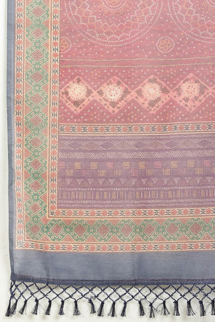 Maroon Organza Cotton Bandhani Block Printed Saree