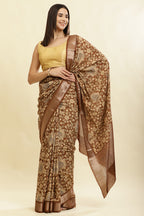 Brown Floral Printed & Zari Border Cotton Silk Saree