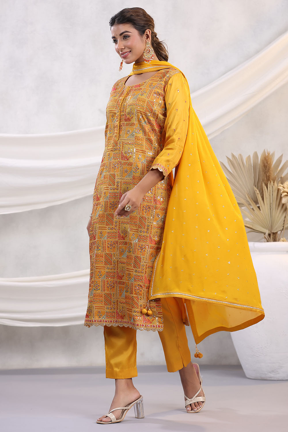 Mustard Color Embroidered Georgette Unstitched Suit Fabric