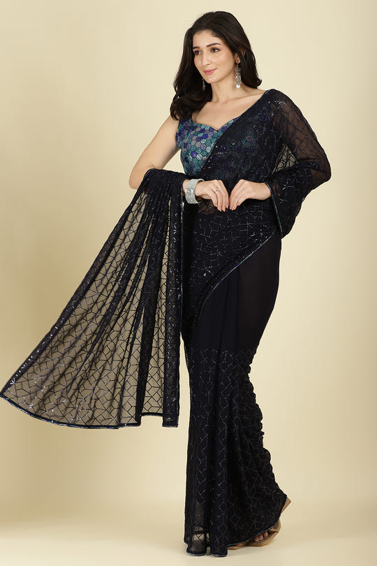 Navy Georgette Sequins Embroidered Saree With Stone Work Readymade Blouse
